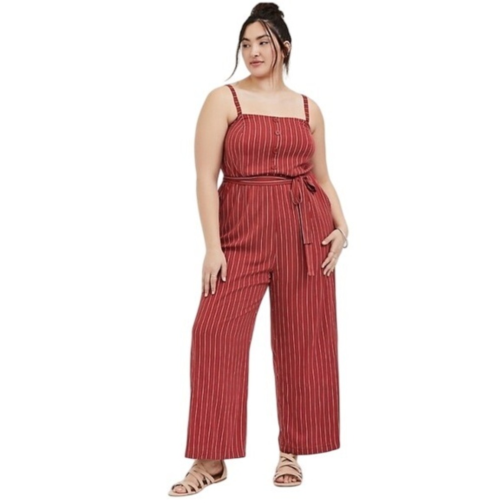Torrid Rust Red Pinstripe Wide Leg Jumpsuit Plus Size 1X Button Front Tie Waist